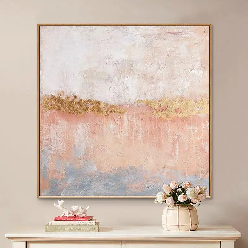 Modern Abstract Oil Painting on Canvas, Pink Flower Wall Art, Hand Painted, No Frame, Gold Foil Texture, Living Room, Home Decor